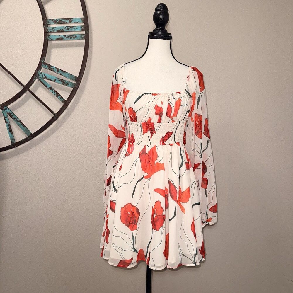 Hutch Mini Dress Size Small Cream & Red Floral Lined Smocked Long Sleeves